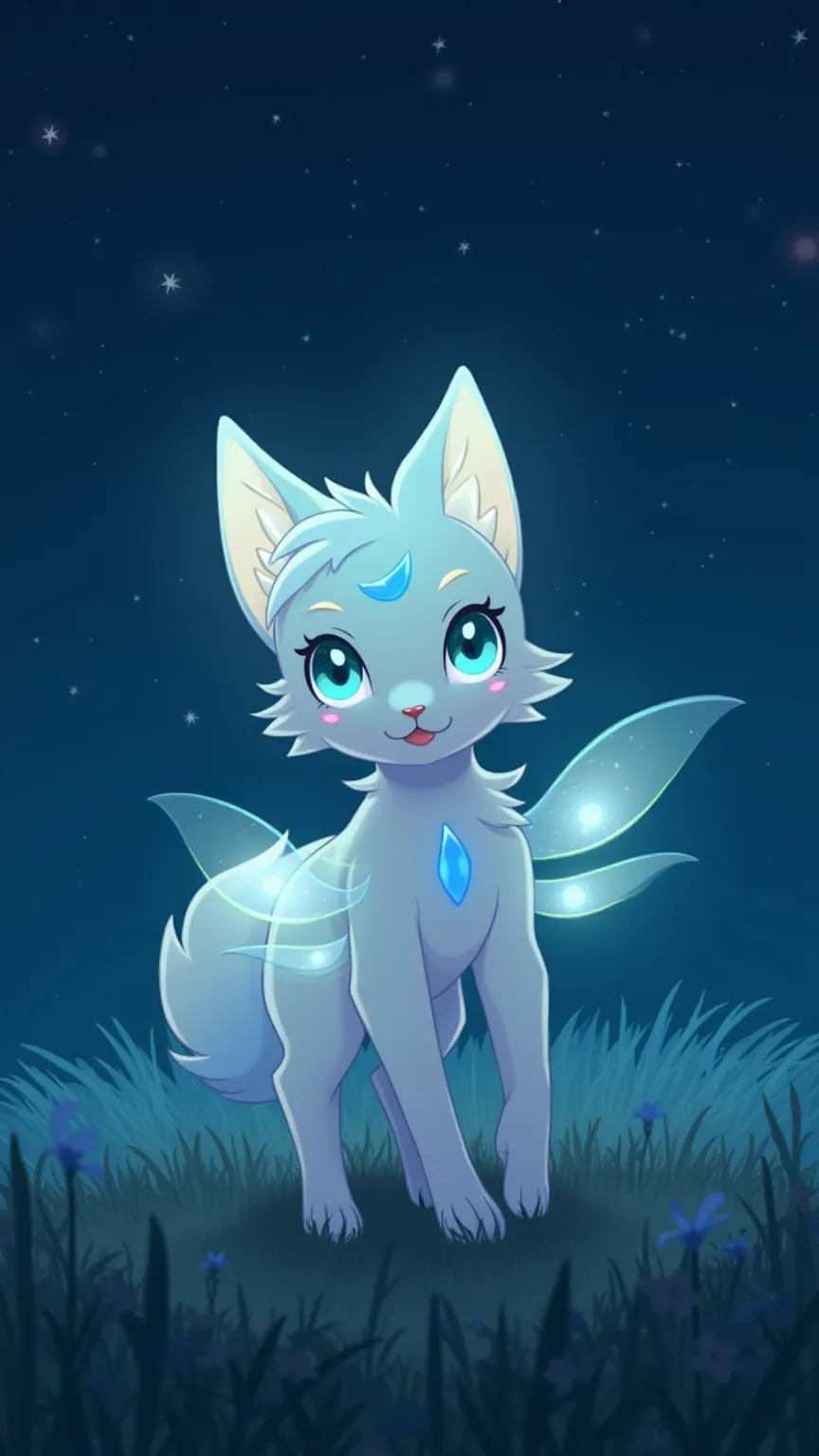 Moonlit Glimmerfox – A small, iridescent fox-like pup with translucent wings and bioluminescent spots on its fur. It glows gently in the dark as it curiously explores an enchanted meadow under a starry sky.