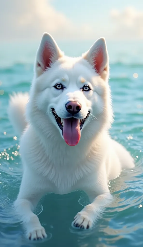 best quality, high quality, reality, Siberian huskies for adult dogs ,  with the edge of the mouth raised 、 looks like they're laughing  ,Pure white coat color  ,  fluffy and soft coat  , realistic depiction ,    floating on the surface of the sea  ,Swayin...