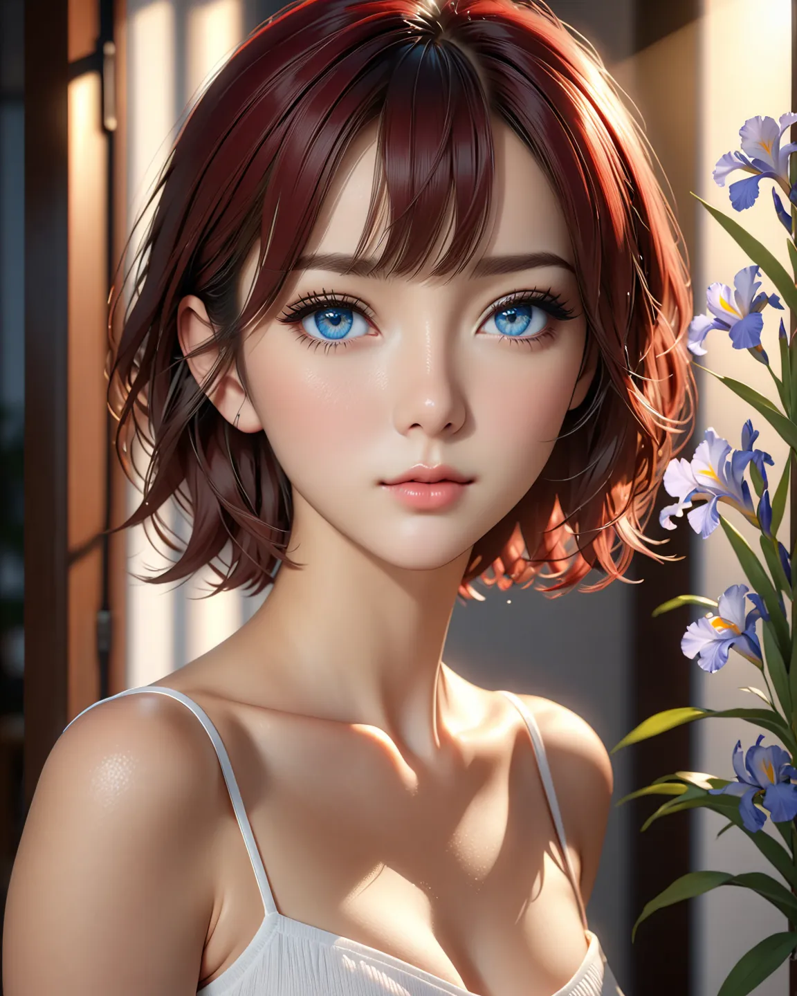 (RAW style, masterpiece, best quality, ultra-detailed) , ((beautiful eyes)), exquisite image boasts an ultra-realistic and ultra-detailed representation, High resolution, portrait, Actual, blue eyes, dark red hair, short hair, white thin camisole, high qua...