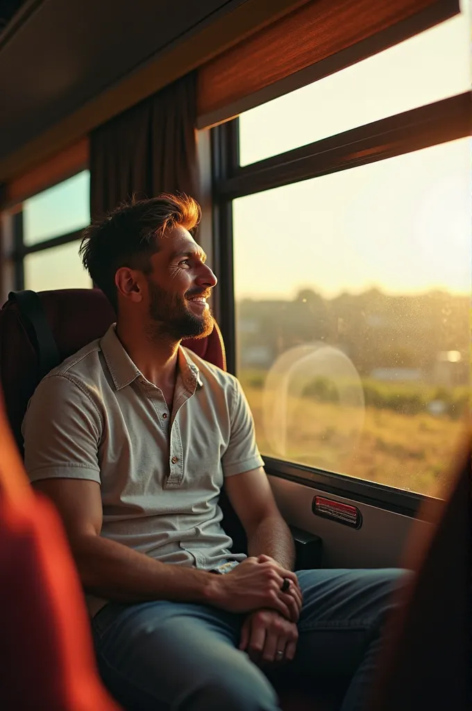 Lionel Messi as a passenger on a bus, enjoying the Eid homecoming journey in Indonesia. Dressed casually, he sits comfortably by the window, gazing at the scenic countryside. A soft smile on his face, he relaxes as sunlight filters through, creating a warm...