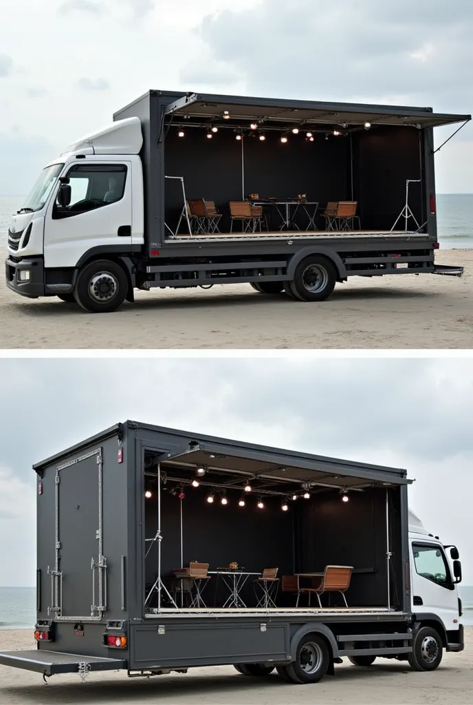 A truck transformed into a mini mobile stage. The back of the truck opens to form a stage, with a platform that unfolds on the ground, and side panels that open to create a decor. Artists can move up and down quickly, using the stage as a small raised plat...