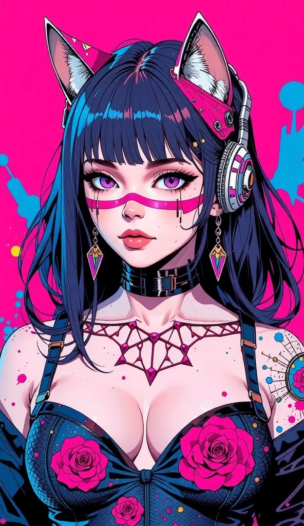 top-quality))、((​masterpiece)、cyberpunked、catgirl, revealing cyberpunk clothing, purples, blues, reds, (andy warhol), illustrated anime, retro style classic, big breasts, no background, neon colorsplash background, glitter dust, ethereal, shiny skin, 