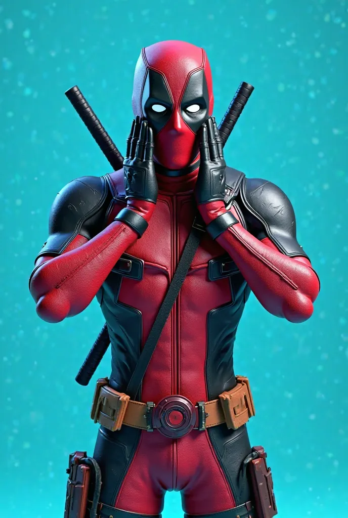 A highly detailed and realistic 3D-rendered depiction of Deadpool in a surprised pose. He is standing with both hands placed on the sides of his face, fingers slightly spread apart, conveying shock or amazement. His iconic red and black suit is highly deta...