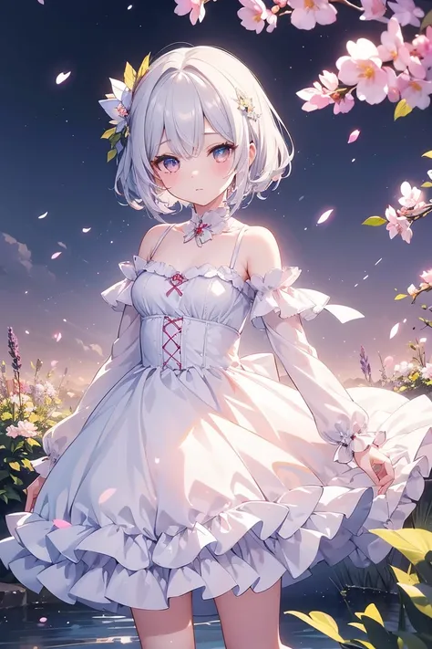 masterpiece, best quality:1.2), illustrinion, アブサー dress, high resolution, very detailed, 1 girl, short white hair, Eye Enhancement,  dress, Short Puff Sleeves, frills, outdoor, flower, 舞いFalling petals, Full Body, depth of field,chrominic aberrinion abuse...