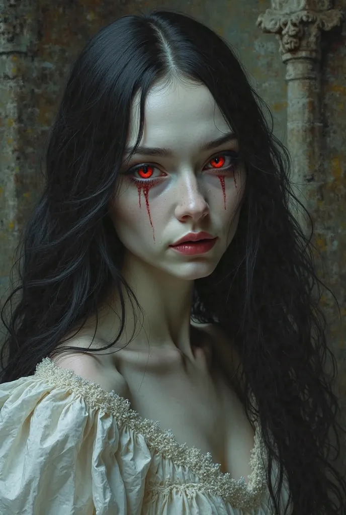 Oil painting of a very white pale skin and very long black haired woman face as Nosferatu with glowing red eyes wearing a rich white XV century wedding dress in a very dark castle at night.