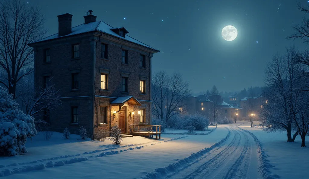 a very closeup view of single apartment building and snow outside at night
