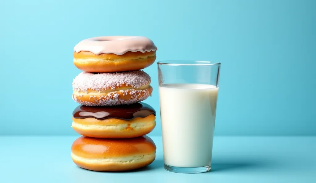 A stack of assorted donuts, including glazed, chocolate, and powdered sugar varieties, placed next to a glass of fresh milk on blue background. The donuts’ rich textures and colors contrast beautifully with the smooth and creamy white milk.  
