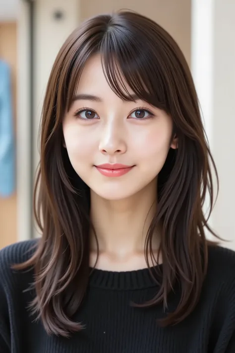 The face is positioned exactly in the center of the image , , the entire head is fully reflected , Face clearly visible、 black sweater, car, long hair、bungs, smile, young and cute japanese face , Official Art, high image quality during sick leave CG Unity ...