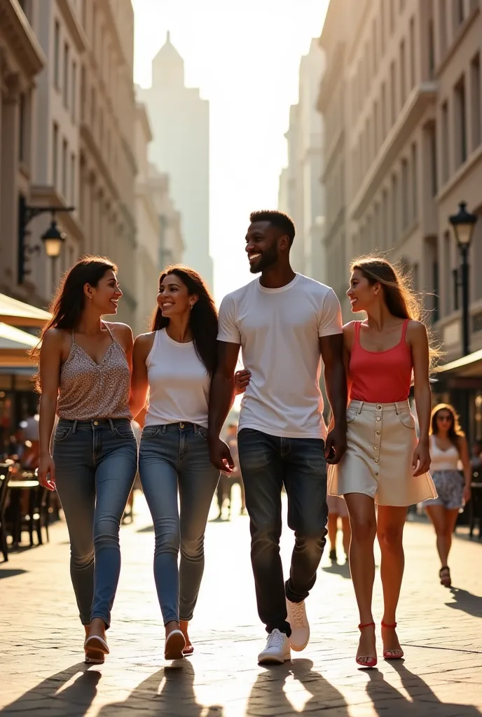 "A lively modern city street filled with multiple pairs of women, each accompanied by a tall, muscular black man. Every pair consists of one woman and one black man, walking closely together, engaged in conversation, smiling, or laughing. The women are of ...