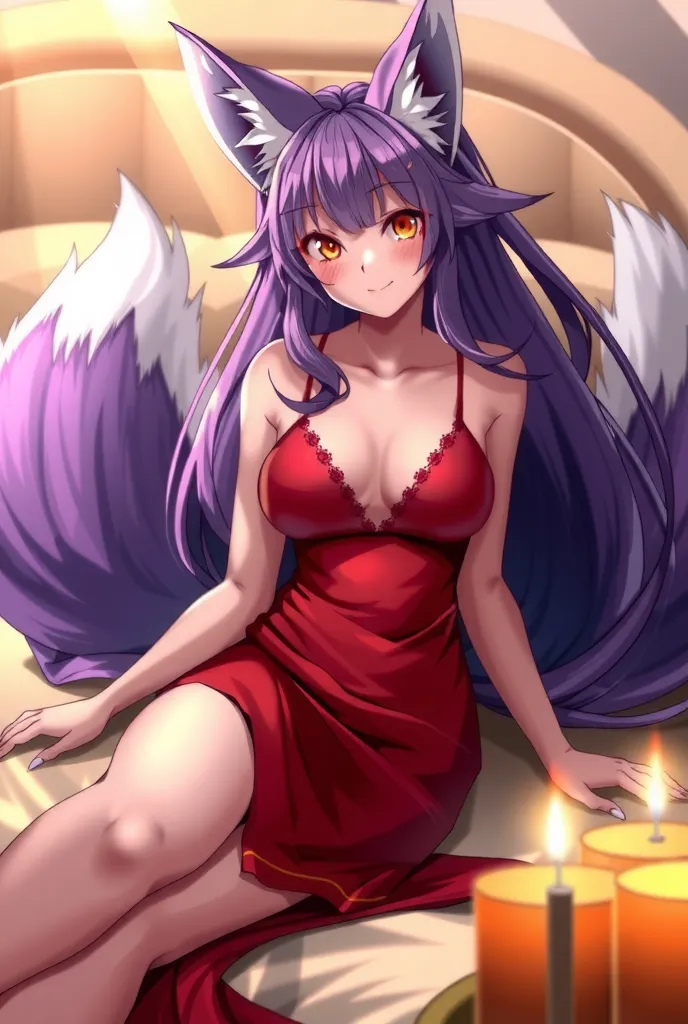 best quality, masterpiece, detailed,
KitsuneSora,
1girl, light smile, :3,
purple hair, yellow eyes, long hair, fox ears, hair ornament, hair over one eye, multiple tails,
japanese clothes, red dress, bare shoulders, cleavage, large breasts, barefoot,
sitti...