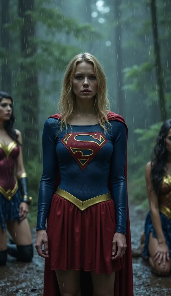 "Supergirl stands in the center of a dark, rainy forest, drenched from the heavy downpour. She gazes forward with a solemn, pleading expression, her face filled with sadness and concern, as if silently asking for something. Her iconic blue and red costume ...