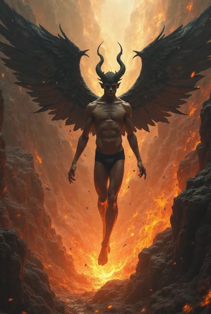 A slender young man with long horns and black wings and completely naked is rising from a deep abyss that is bursting into flames.