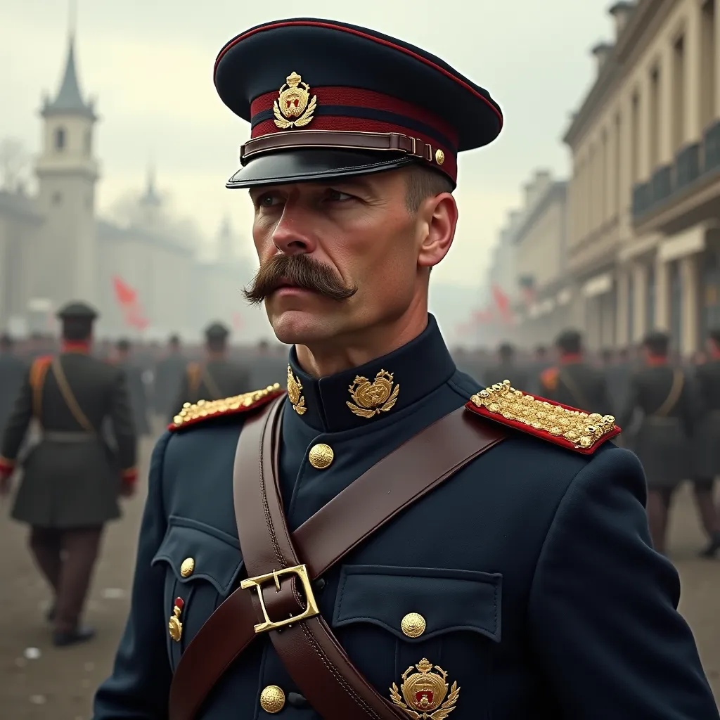 Officier français 1914 avec uniforme bleu horizon et casquette d'officier noir et rouge brodée d'or