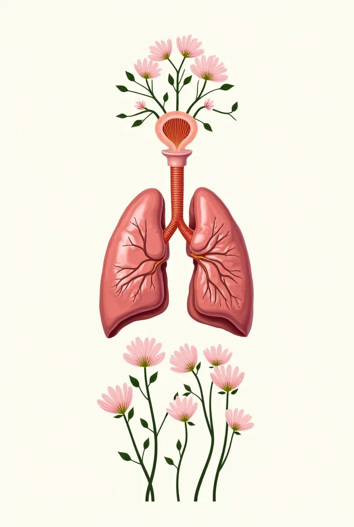 Image of the respiratory tract from trachea downwards as branches and ends with flowers as alveoli