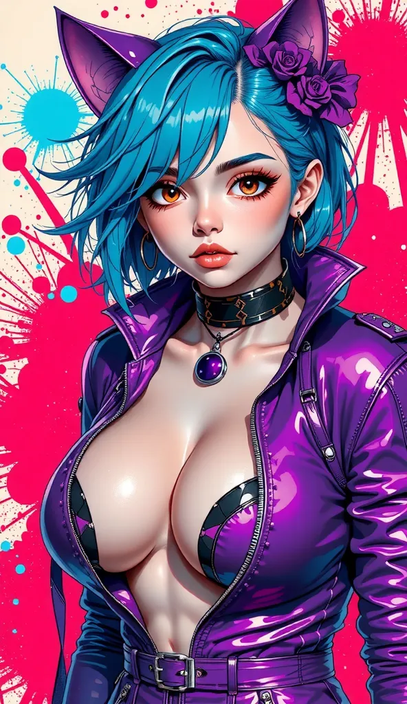 top-quality))、((​masterpiece)、cyberpunked、catgirl, revealing cyberpunk clothing, purples, blues, reds, (andy warhol), illustrated anime, retro style classic, big breasts, no background, neon colorsplash background, glitter dust, ethereal, shiny skin, 