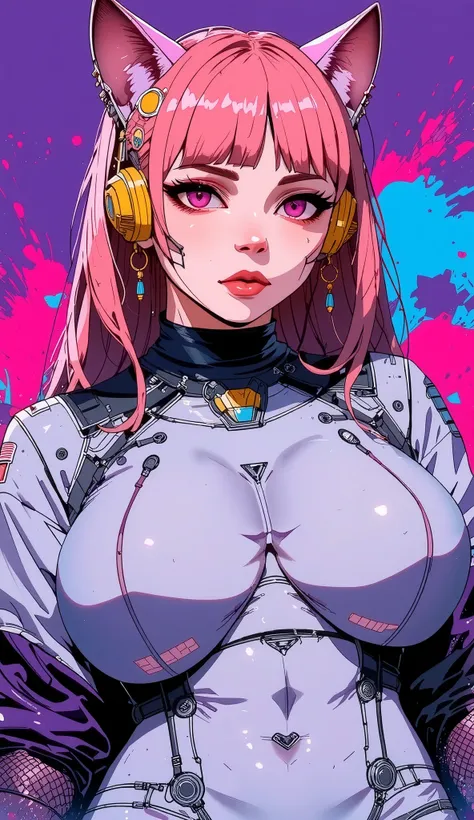 top-quality))、((masterpiece)、cyberpunked、catgirl, revealing cyberpunk clothing, purples, blues, reds, (andy warhol), illustrated anime, retro style classic, big breasts, no background, neon colorsplash background, glitter dust, ethereal, shiny skin,