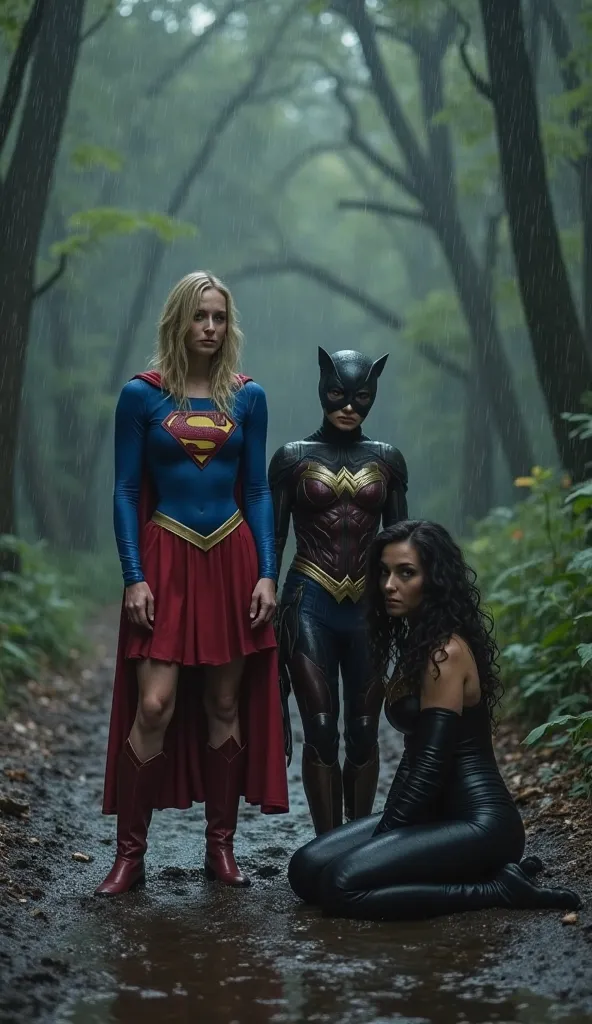 "Supergirl stands at the forefront of a dense forest, slightly ahead of the other two women. She is in her classic blue and red costume, drenched by the heavy rain, with her blonde hair flowing down and sticking to her face. Her expression is distressed an...