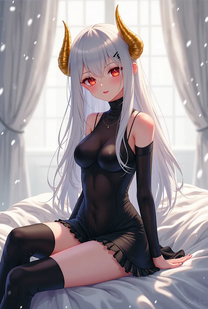 Anime White hair girl with golden horns wearing a black body suit and a black short with long black socks and blck shoes with red eyes black shadow background sitting on a white bed