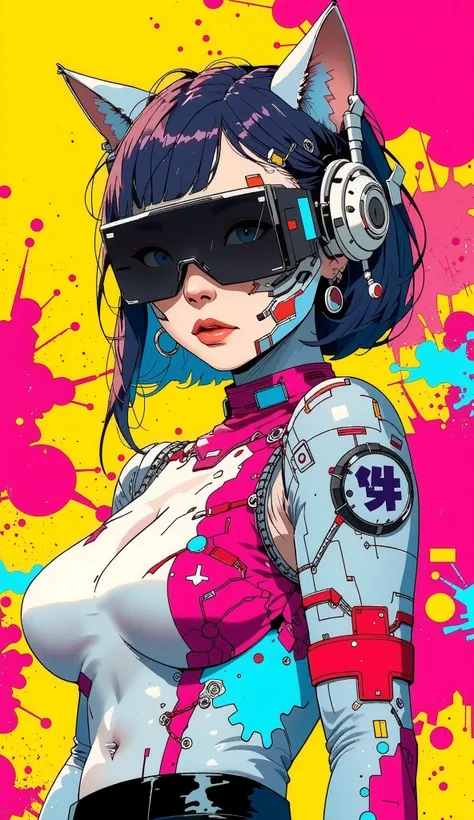 top-quality))、((masterpiece)、cyberpunked、catgirl, revealing cyberpunk clothing, purples, blues, reds, (andy warhol), illustrated anime, retro style classic, big breasts, no background, neon colorsplash background, glitter dust, ethereal, shiny skin,