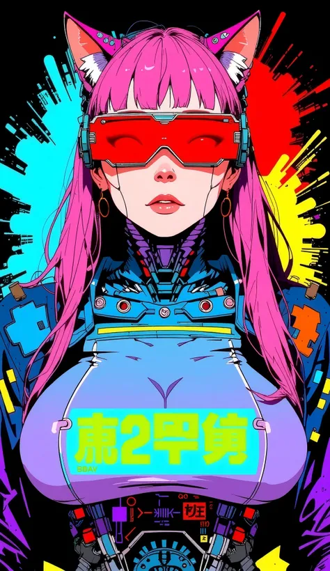 top-quality))、((masterpiece)、cyberpunked、catgirl, revealing cyberpunk clothing, purples, blues, reds, (andy warhol), illustrated anime, retro style classic, big breasts, no background, neon colorsplash background, glitter dust, ethereal, shiny skin,