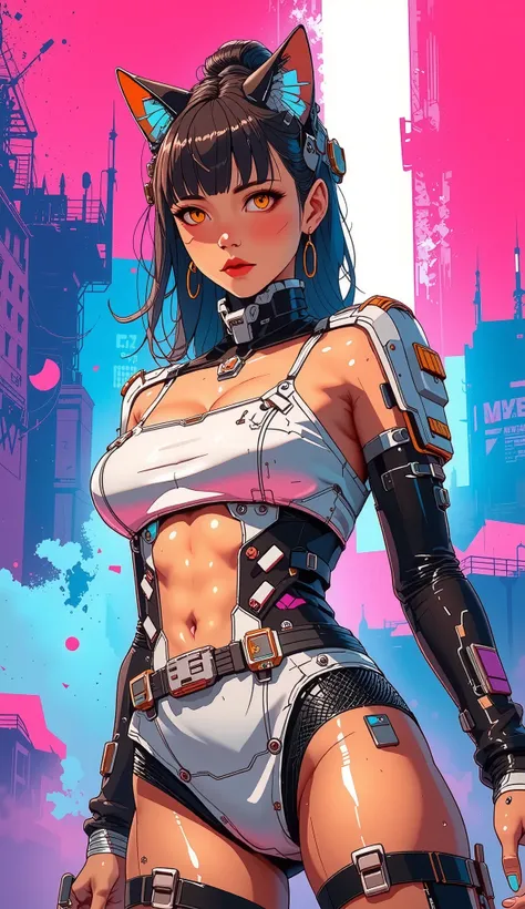 top-quality))、((masterpiece)、cyberpunked、catgirl, revealing cyberpunk clothing, purples, blues, reds, (andy warhol), illustrated anime, retro style classic, big breasts, no background, neon colorsplash background, glitter dust, ethereal, shiny skin,