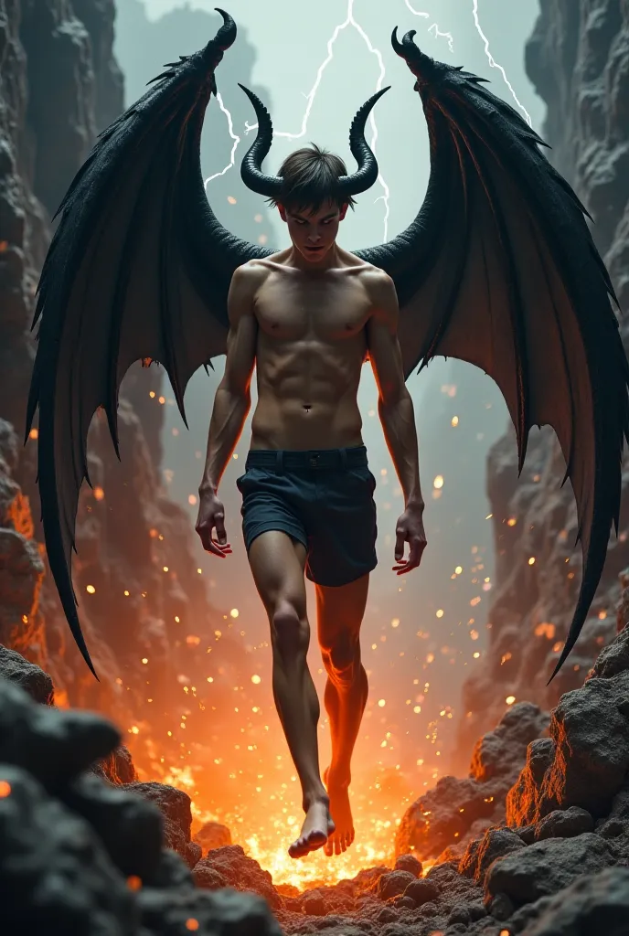 A slender young man with long horns and black wings and completely naked is slowly climbing out of the depths of a dark abyss that is crashing down in flames with rocks plummeting and lightning in the background.