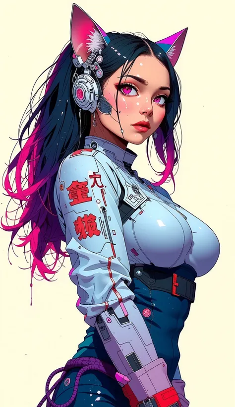 top-quality))、((masterpiece)、cyberpunked、catgirl, revealing cyberpunk clothing, purples, blues, reds, (andy warhol), illustrated anime, retro style classic, big breasts, no background, neon colorsplash background, glitter dust, ethereal, shiny skin,