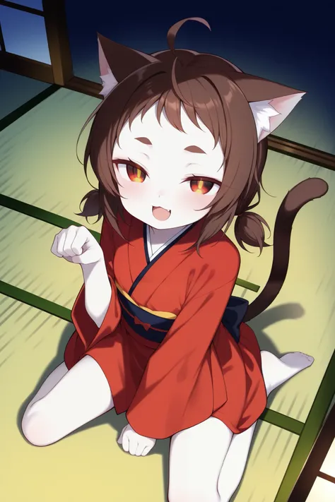 score_9, score_8_up, score_7_up, (dim, dark room, deep shadows, tatami), pale skin, looking up at viewer, from above, dutch angle, (solo, 1girl, nekomata, red eyes, dark brown hair, low twintails, short twintails, very short bangs, ahoge), ((cat ears, whit...