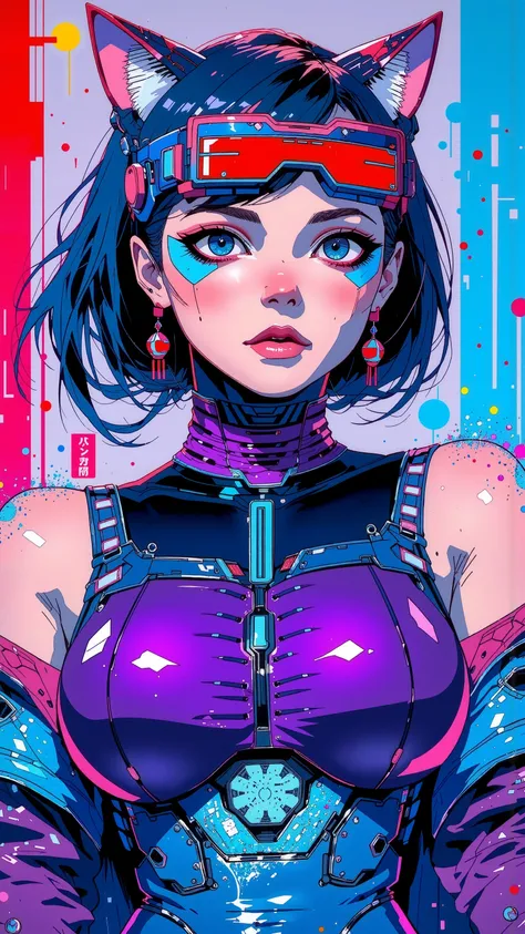 top-quality))、((masterpiece)、cyberpunked、catgirl, revealing cyberpunk clothing, purples, blues, reds, (andy warhol), illustrated anime, retro style classic, big breasts, no background, neon colorsplash background, glitter dust, ethereal, shiny skin,