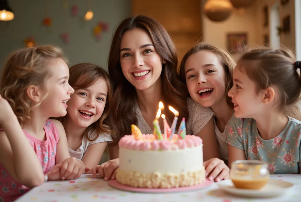 Happy vibes moment, realistic situation young mom and 5 ren at birthday s , mom looking for viewer posing s, sharp and detail, hyper realistic, 8k , ultra HD