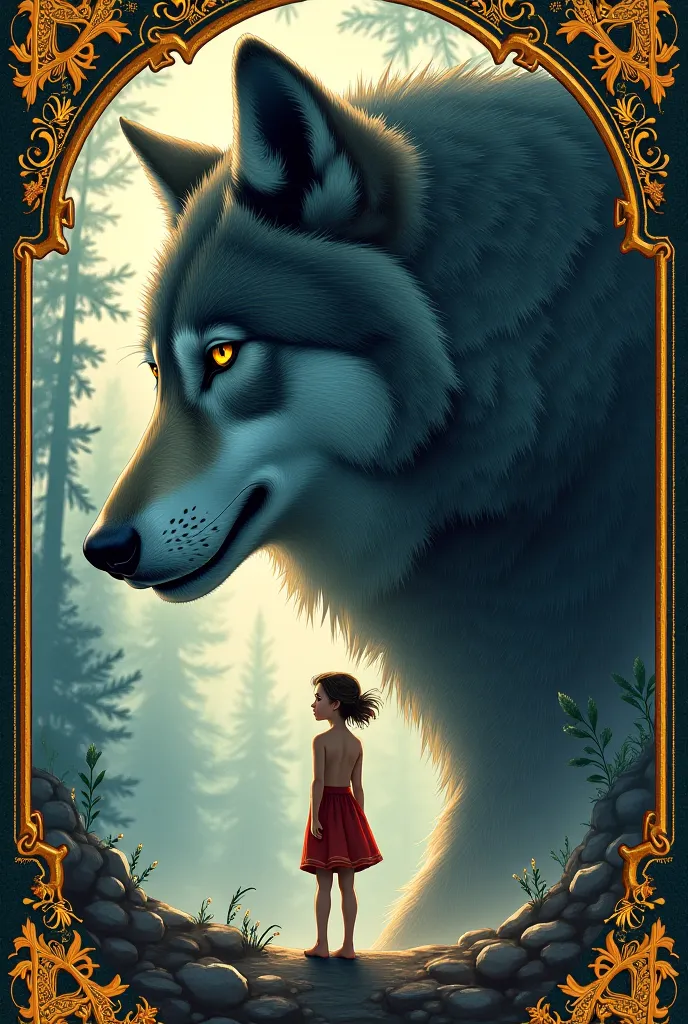 Make me a square book cover image of a girl with a huge wolf behind her and a golden frame around them 
