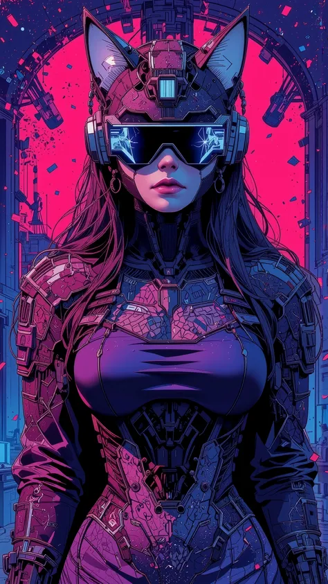 top-quality))、((masterpiece)、cyberpunked、catgirl, revealing cyberpunk clothing, purples, blues, reds, (andy warhol), illustrated anime, retro style classic, big breasts, no background, neon colorsplash background, glitter dust, ethereal, shiny skin,