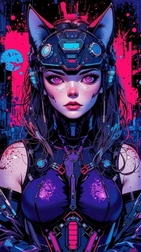top-quality))、((masterpiece)、cyberpunked、catgirl, revealing cyberpunk clothing, purples, blues, reds, (andy warhol), illustrated anime, retro style classic, big breasts, no background, neon colorsplash background, glitter dust, ethereal, shiny skin,