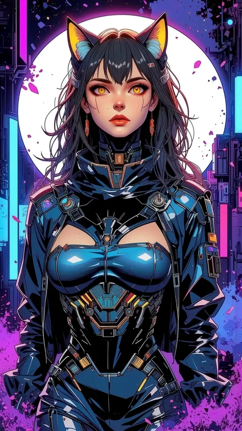 top-quality))、((masterpiece)、cyberpunked、catgirl, revealing cyberpunk clothing, purples, blues, reds, (andy warhol), illustrated anime, retro style classic, big breasts, no background, neon colorsplash background, glitter dust, ethereal, shiny skin,