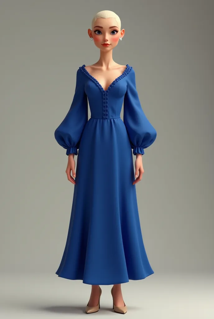 a white woman, average build, shaved hair and broad shoulders wearing a long, loose, modest royal blue dress with sleeves, nude heels, front and full body view in 3d pixar style