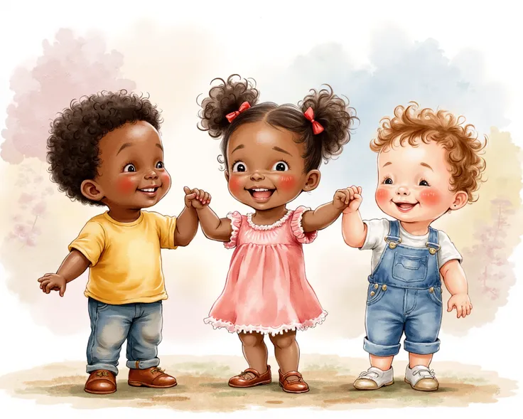 Three cute toddlers of different race holding hands and smiling, 
Water color illustration