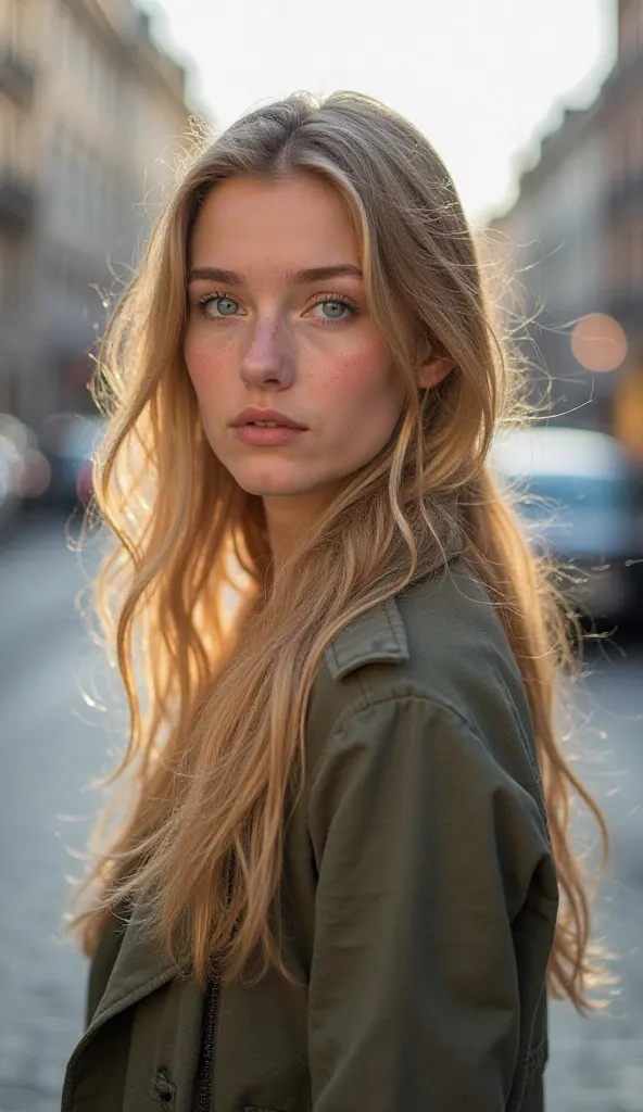 Portrait of a beautiful 18-year-old woman, Standing on a street, golden hair,  blue-green eyes . 