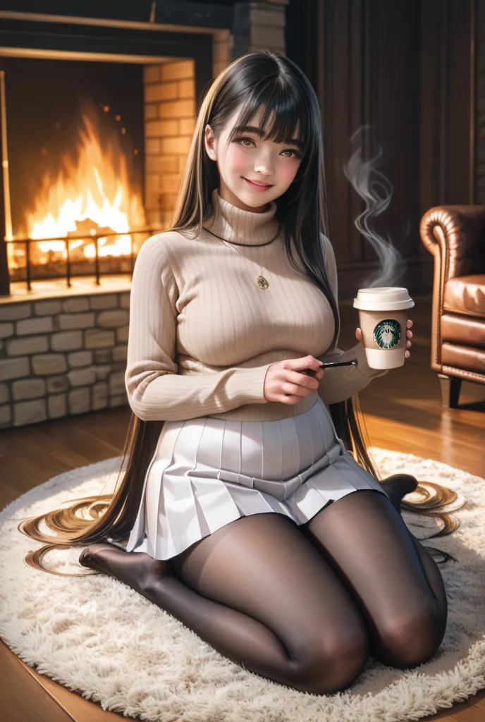 ((best quality)),((masterpiece)),(detailed),young girl,hermoso body,(very long dark brown silky straight hair,Black hair:1.3),(Light brown turtleneck sweater:1.3),(white Pleated skirt:1.2),(thick Black pantyhose:1.3),bangs,(Sitting flat on the carpet in fr...