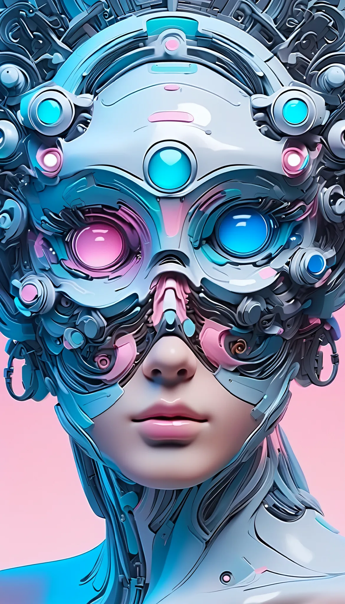 Artificial intelligence has a pair of mechanical eyes, 3D illustrations of the upper body and face of a human body model, gradient background, soft color palette, pink blue, minimalism, and surrealism, niji 