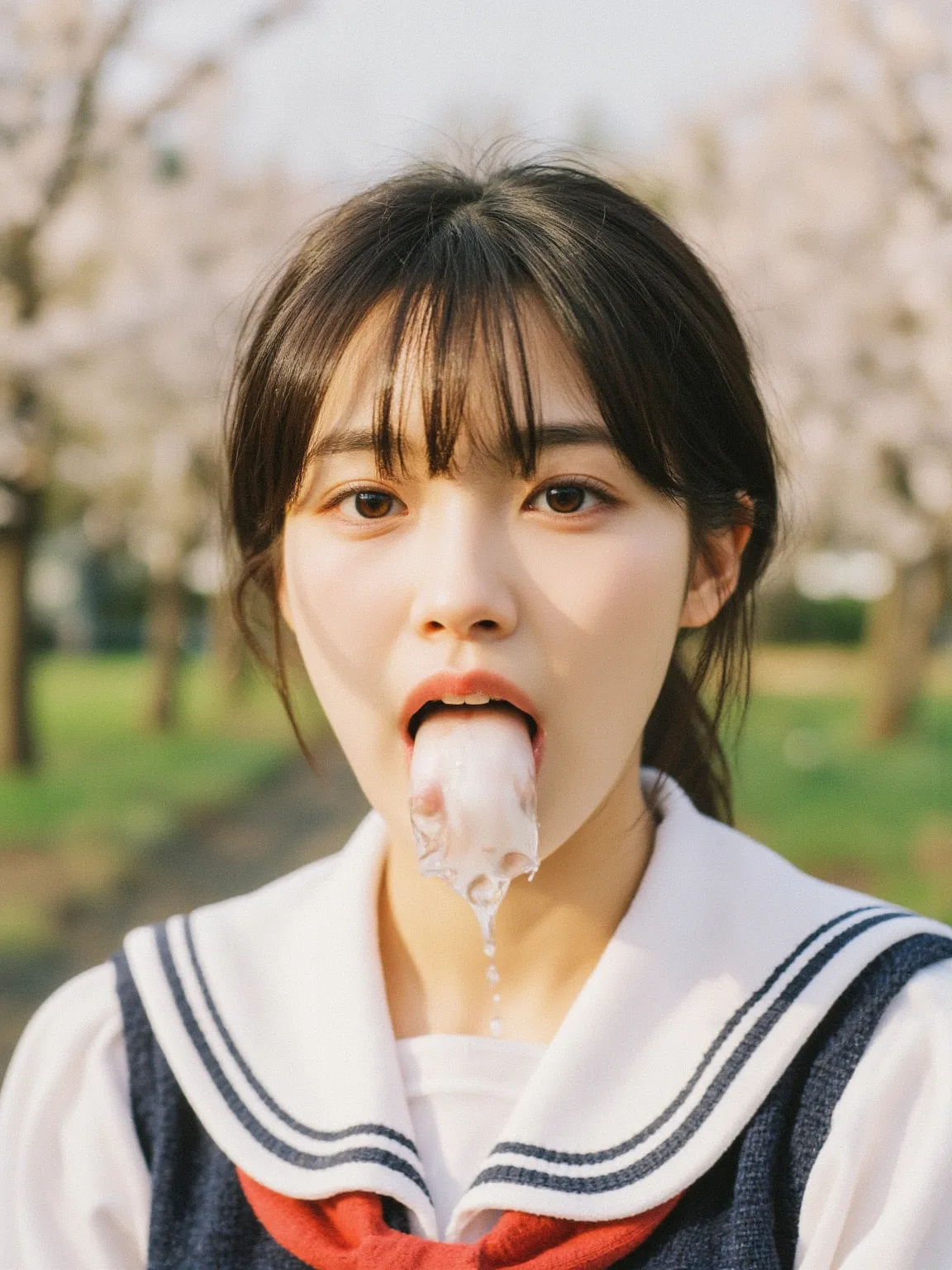 4K Raw photo. young beautiful Japanese woman opening her mouth wide, showing accumulated Semen inside her mouth. realistic style, youthful beauty, traditional Japanese school uniform, serene spring landscape, with a beautiful face and symmetrical eyes.