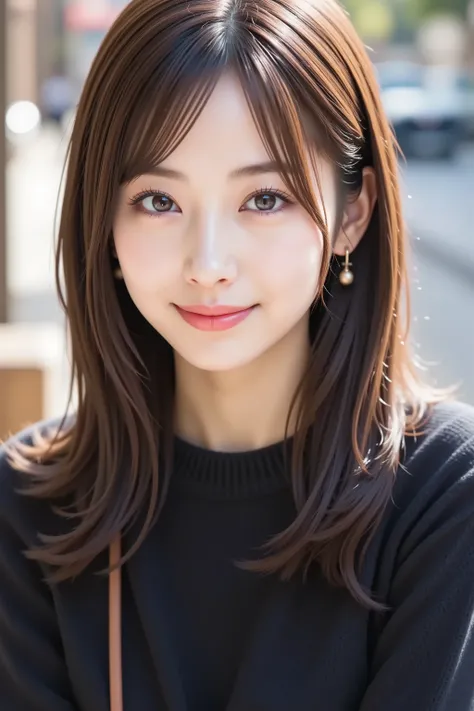 The face is positioned exactly in the center of the image , , the entire head is fully reflected , Face clearly visible、 black sweater, car, long hair、bungs, smile, young and cute japanese face , Official Art, high image quality during sick leave CG Unity ...