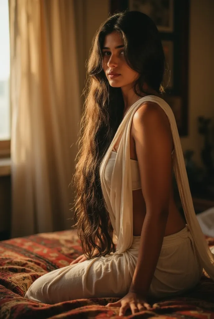 She sits with effortless grace, her body half-lit by the golden sunlight streaming through the window. The warmth highlights the smooth curve of her shoulder, the dip of her collarbone, and the gentle rise and fall of her breath. The other side of her is l...