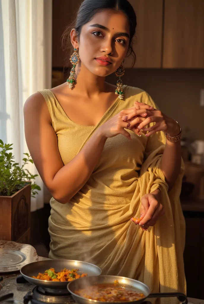 She stands in the kitchen, bathed in the golden glow of afternoon light. The soft hum of simmering spices fills the air as she moves with effortless grace—barefoot, wrapped in something light, something that clings and sways with every motion. A strand of ...