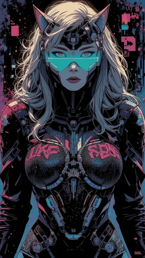 top-quality))、((masterpiece)、cyberpunked、catgirl, revealing cyberpunk clothing, purples, blues, reds, (andy warhol), illustrated anime, retro style classic, big breasts, no background, neon colorsplash background, glitter dust, ethereal, shiny skin,
