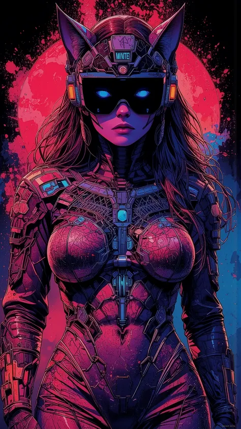 top-quality))、((masterpiece)、cyberpunked、catgirl, revealing cyberpunk clothing, purples, blues, reds, (andy warhol), illustrated anime, retro style classic, big breasts, no background, neon colorsplash background, glitter dust, ethereal, shiny skin,