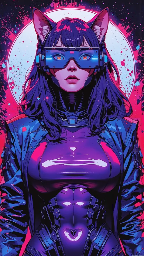 top-quality))、((masterpiece)、cyberpunked、catgirl, revealing cyberpunk clothing, purples, blues, reds, (andy warhol), illustrated anime, retro style classic, big breasts, no background, neon colorsplash background, glitter dust, ethereal, shiny skin,