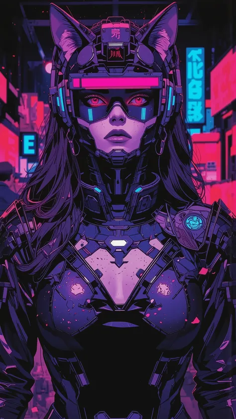 top-quality))、((masterpiece)、cyberpunked、catgirl, revealing cyberpunk clothing, purples, blues, reds, (andy warhol), illustrated anime, retro style classic, big breasts, no background, neon colorsplash background, glitter dust, ethereal, shiny skin,