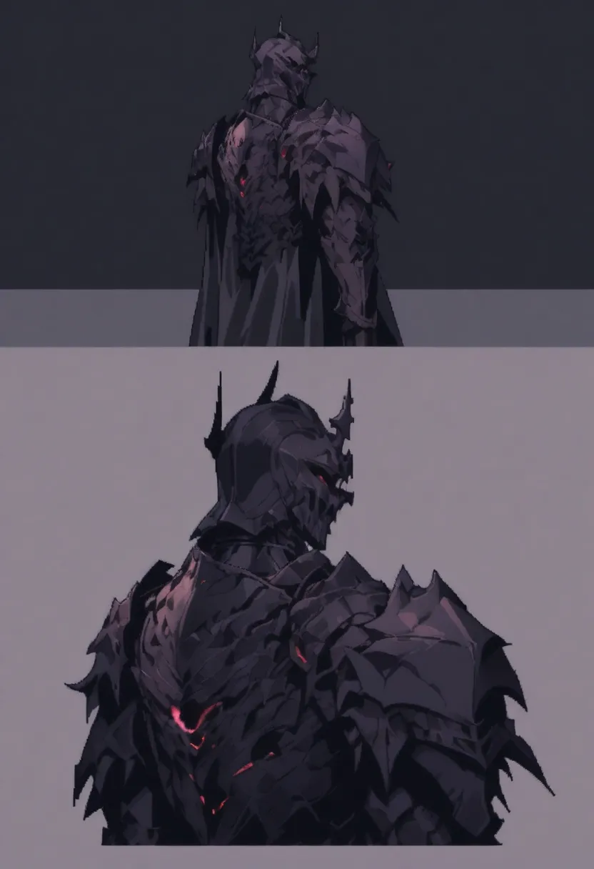 A dark knight,with dark armor and his back. Pixel style 