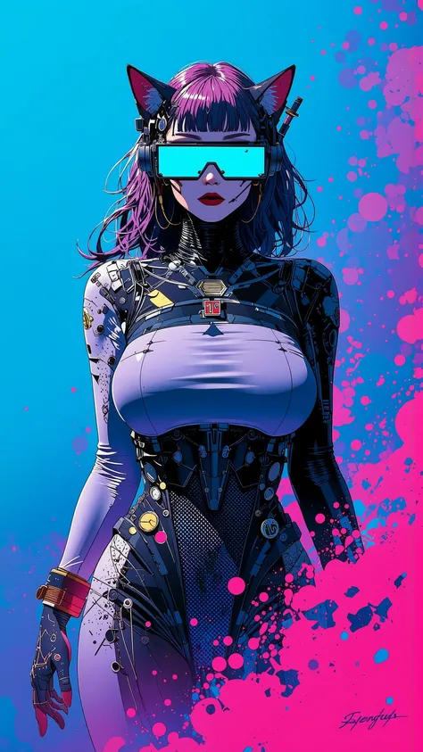top-quality))、((masterpiece)、cyberpunked、catgirl, revealing cyberpunk clothing, purples, blues, reds, (andy warhol), illustrated anime, retro style classic, big breasts, no background, neon colorsplash background, glitter dust, ethereal, shiny skin,