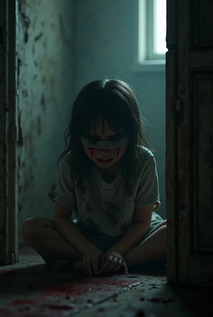 A sobbing girl, her eyes closed by a bloody cloth, trapped in a dark, scary room, and a shadow can be seen in the room.